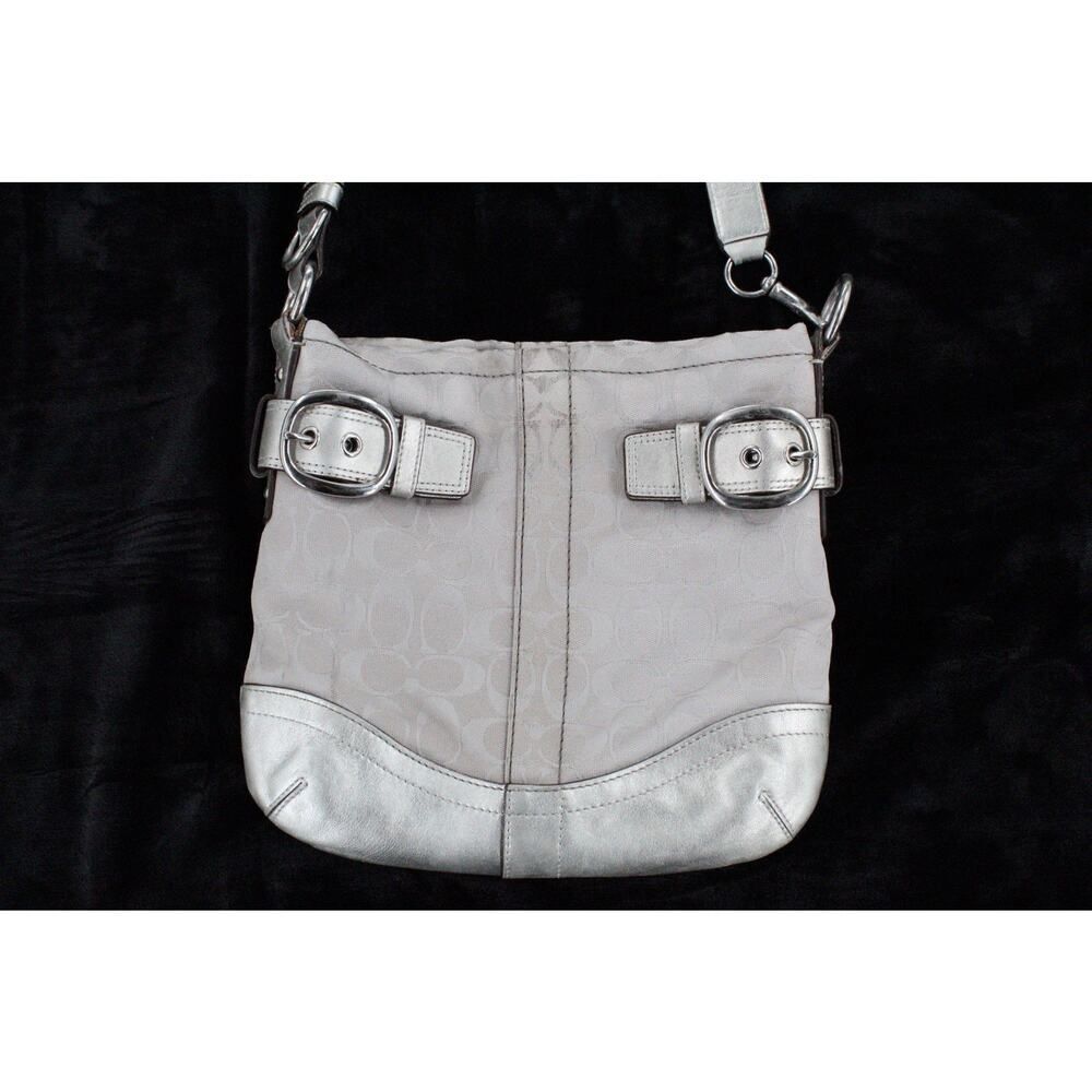 Coach Signature Jacquard Canvas Leather Shoulder Bag F17088 Buckle Silver Y2K